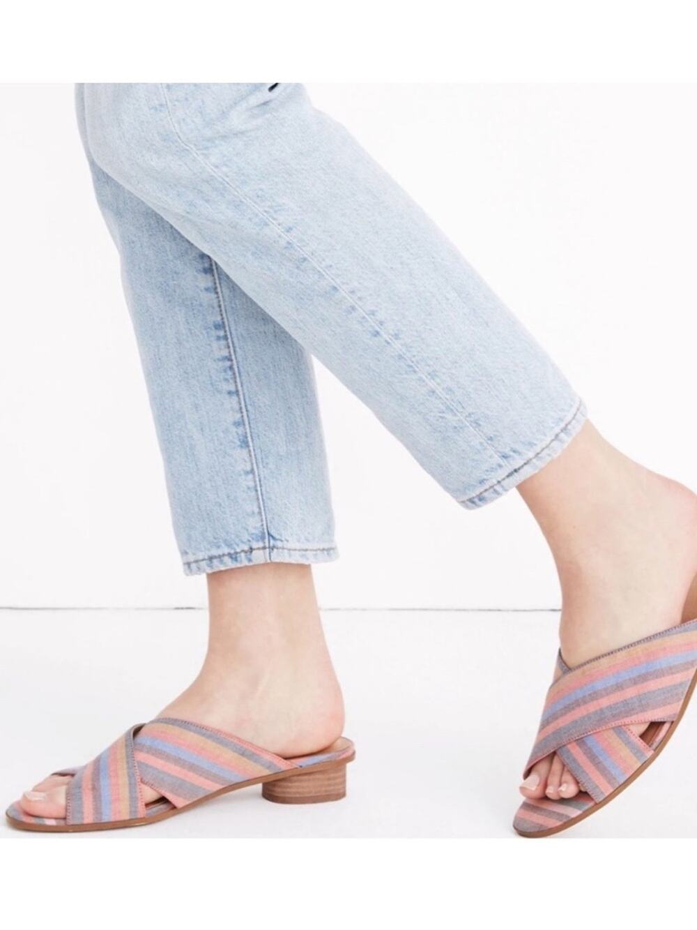 Madewell Ruthie Crisscross Preppy Summer Slip On Mule Rainbow Stripe Size 7.5